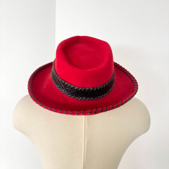 Eric Javits Vintage Red Wool Hat Whipstitch Black Leather Trim OS Western Cowboy main image 4